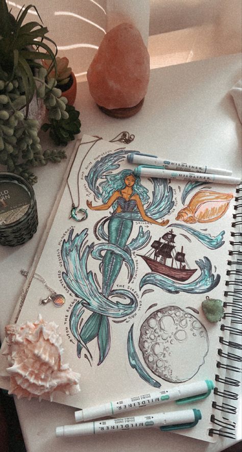 mermaid sketch || fine line art || mermaid || ocean sketch || sea creature drawing || markers || sketchbooks || sea shells || gemstones || mermaid aesthetic || jewelry || salt rock lamp Mermaid Drawing Aesthetic, Mermaidcore Drawing, Sea Aesthetic Drawing, Sea Creature Drawing, Sketchbook Pages Aesthetic, Sea Sketchbook, Aesthetic Sketchbook Pages, Ocean Sketch, Sketch Mermaid