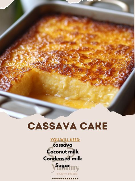 🍰 "Indulge in the rich and creamy delight of Cassava Cake—a Filipino favorite that’s simply irresistible!" 🇵🇭🍰 #CassavaCake #FilipinoDessert Cassava Cake Ingredients: Grated cassava (2 cups) Coconut milk (1 can, 14 oz) Condensed milk (0.5 cup) Sugar (0.75 cup) Eggs, beaten (2) Butter, melted (0.25 cup) Grated cheese (for topping) Instructions: Preheat oven to 350°F (175°C). Grease a baking pan. In a bowl, mix grated cassava, coconut milk, condensed milk, sugar, and beaten eggs. Pour the m... Dutch Apple Bread Recipe, Taro Recipes, Malaysian Dessert, Cassava Cake, Apple Bread Recipe, Filipino Food Dessert, Asian Cake, Asian Sweets, Gf Desserts