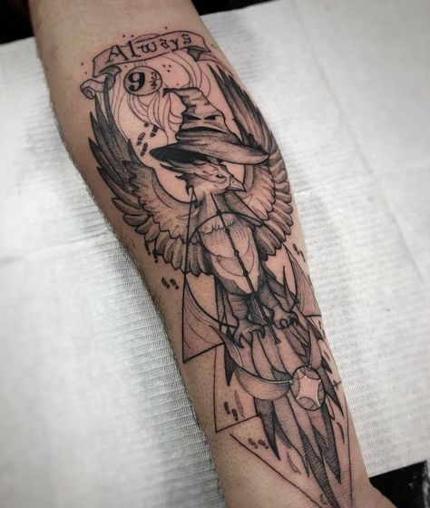 Harry Potter Thigh Tattoo, Harry Potter Phoenix Tattoo, Harry Potter Phoenix, Forest Forearm Tattoo, Phoenix Tattoo Ideas, Harry Potter Tattoo Sleeve, Phoenix Harry Potter, Harry Tattoos, The Sorting Hat