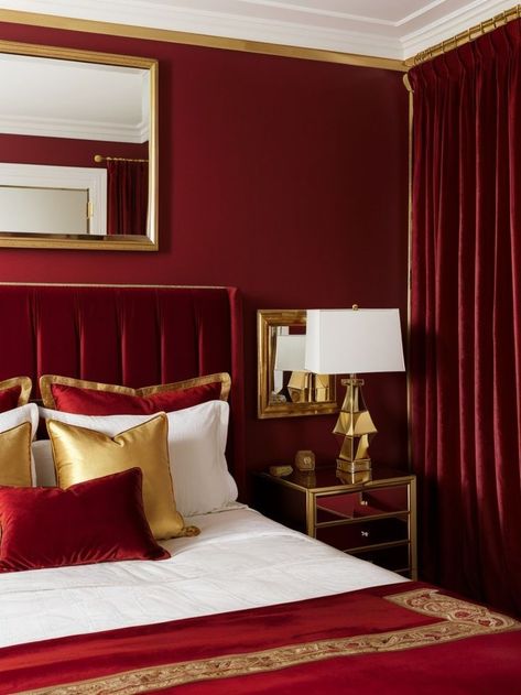 Red And Gold Bedroom Ideas, Red And Gold Bedroom, Gold Bedroom Ideas, Pink Wardrobe, Gold Throw, Gold Throw Pillows, Red Bedroom, Gold Framed Mirror, Velvet Headboard