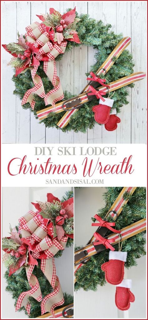 DIY Ski Lodge Christmas Wreath. Isn't this the cutest Christmas wreath? The step by step tutorial will show you exactly how to make it! #sandandsisal #Christmaswreath #wreathmaking #skilodge #rusticwreath Make A Bow With Ribbon, Ski Lodge Christmas, Bow With Ribbon, Lodge Christmas, Christmas Lodge, Make A Bow, Boxed Christmas Cards, Christmas Musical, Diy Christmas Decorations Easy