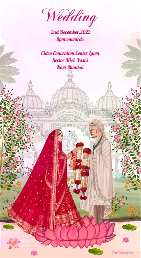 Varmala Indian Weddings Illustration, Indian Wedding Poster Design, Wedding Blank Template, Wedding Collaterals, Wedding Architecture, Digital Wedding Card, Wedding Cards Images, Caricature Wedding Invitations, Couple Illustration Wedding