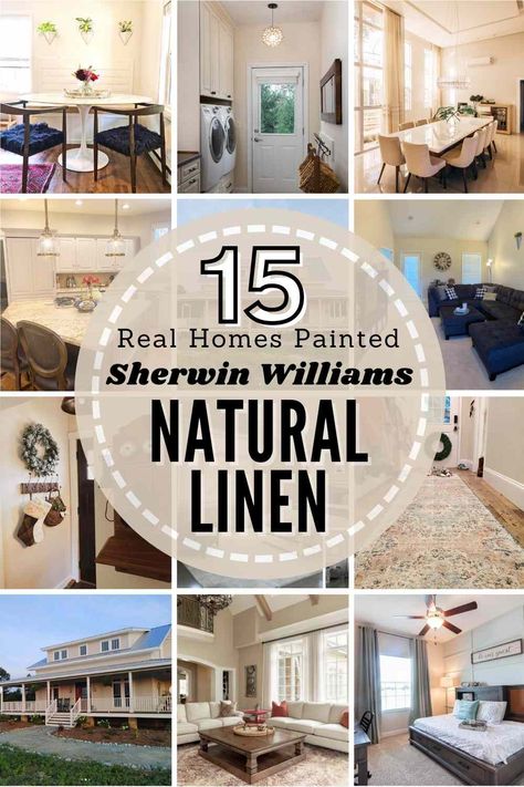 Sherwin Williams Natural Linen is a light warm beige paint color. Explore SW 9109, undertones, color pairings + see pics in 17 REAL homes! #sherwinwilliams #naturallinen #sherwinwilliamsnaturallinen #naturallinenlivingroom #naturallinenkitchen #naturallinenbathroom #naturallinendiningroom #naturallinenexterior #naturallinenbedroom #paint #paintcolor #paintreview Ivoire Sherwin Williams Living Rooms, Farmhouse Accent Wall Paint Colors, Rooms Painted Natural Linen By Sherwin Williams, Sherwin Williams Linen White, Natural Linen Sherwin Williams Walls Living Room, Sw Natural Linen Paint, Natural Linen Wall Color, Natural Linen Exterior Paint, Natural Linen Trim Color