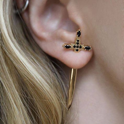 3 Earrings, Dagger Earrings, Single Earring, Jewelry Inspo, Silver Cross, Ear Jewelry, Pretty Jewellery, Piercing Jewelry, Bling Bling