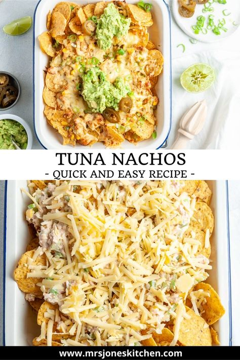 This quick, easy and delicious tuna nachos recipe is ready in 30 minutes and is a dinner the whole family love! Tuna Nachos Recipe, Tuna Nachos, Tuna Bake, Mexican Nachos, Vegetarian Nachos, Tuna Pasta Bake, Delicious Family Dinners, Tuna Melt, Yummy Seafood