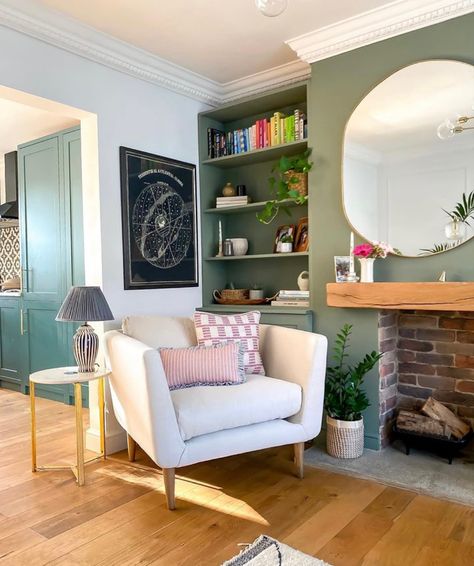 Green Living Room Furniture, Living Room Design Green, Alcove Ideas Living Room, Green Walls Living Room, Log Burner Living Room, Green Living Room, Living Room Wall Color, Room Green, Living Room Renovation