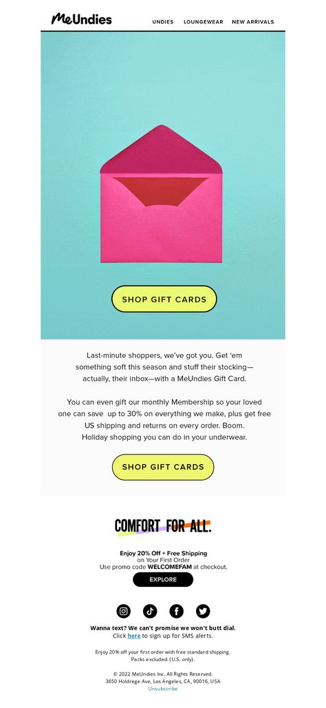 An awesome Gift cards email example from MeUndies. View 100+ more email templates and examples and get inspiration for your next email design with MailCharts! #EmailDesign #EmailMarketing #EmailInspiration #GiftCardsEmail Win Gift Card, Email Examples, Gift Card Design, Email Marketing Campaign, Marketing Campaign, Email Design, Email Templates, Gift Cards, Email Marketing