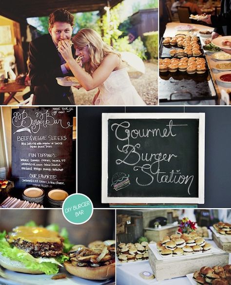 wedding hamburger bar | this post with a lovely burger bar wedding. Didn’t I tell you burger ... Gourmet Burger Bar Ideas, Burger Bar For Wedding, Burgers At Wedding, Wedding Burger Bar, Burgers Wedding, Burger Bars, Recommitment Ceremony, Hamburger Bar, Backyard Wedding Food