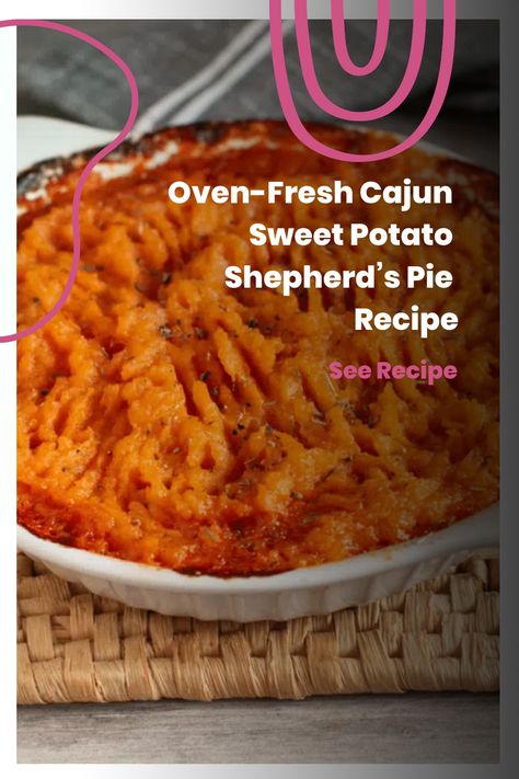 Oven-Fresh Cajun Sweet Potato Shepherd’s Pie topped with mashed sweet potatoes. Text: "Oven-Fresh Cajun Sweet Potato Shepherd’s Pie Recipe. See Recipe." Potato Shepherd's Pie, Pork Mince Recipes, Mashed Butternut Squash, Cajun Sausage, Ground Pork Recipes, Shepherds Pie Recipe, Ground Meat Recipes, Mince Recipes, Shepherd's Pie