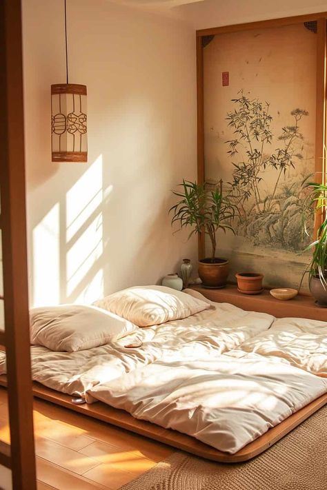 20 Tips for Creating a Korean Style Bedroom | Green Snooze Japanese Style Room Aesthetic, Japanese Style Room Bedroom Designs, Korean Interior Design Bedrooms, Traditional Korean Bedroom, Asian Room Ideas, Korean Design Interior, Shikibuton Bedroom, Korean Style Interior, Cozy Korean Bedroom