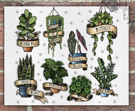 Traditional Houseplant Tattoo, Plant Tattoo Sleeve Botanical Prints, House Plant Tattoo Sleeve, Houseplant Tattoos, Plant Tattoo Traditional, Neotraditional Tattoo Flash Sheet, Plants Tattoo Design, Snake Plant Tattoo, Plant Tattoos For Women