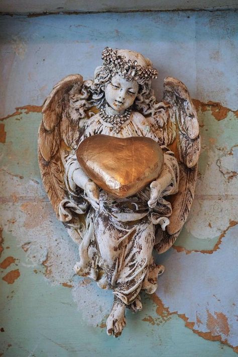 Distressed angel wall sculpture in shadowbox wall hanging | Etsy Anita Spero Design, Statue Decor, I Believe In Angels, Angel Statue, Angel Sculpture, Angels Among Us, Angel Statues, Golden Heart, Distressed Painting