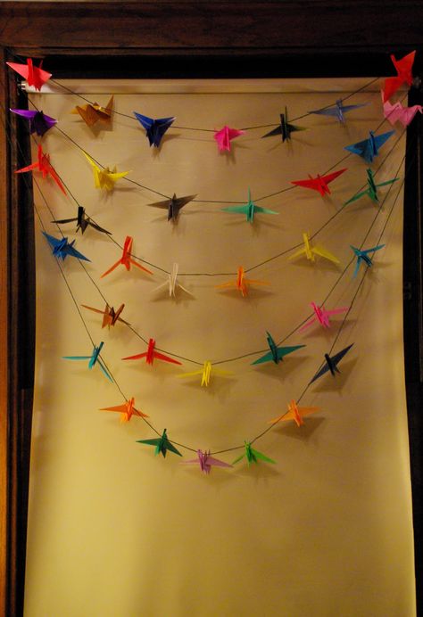 Origami Crane Garland example Crane Garland, Origami Garland, Craft Challenge, Cat Prints, Origami Crane, Diy Garland, Paper Crane, Toddler Room, Cat Print