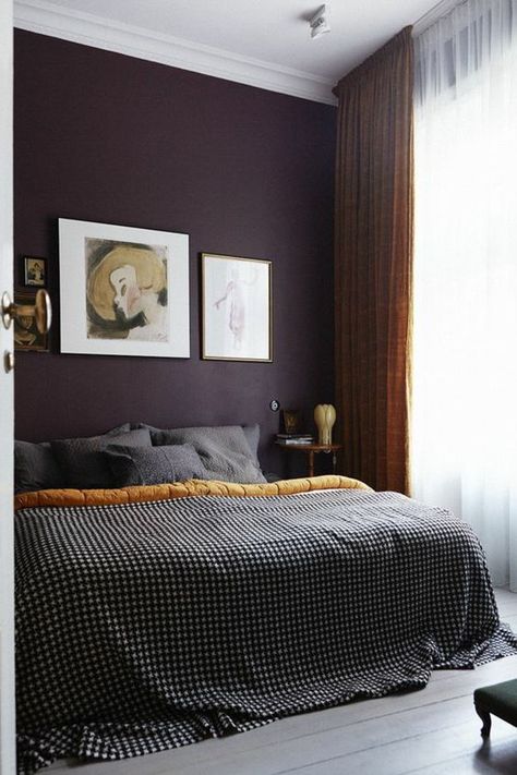 a sophisticated moody bedroom with a deep purple accent wall, musard and grey textiles and a stylish gallery wall Plum Bedroom Walls, Dark Purple Bedroom Walls, Aubergine Bedroom, Purple Wall Bedroom, Bedroom Purple Walls, Purple Bedroom Walls, Plum Bedroom, Burgundy Bedroom, Simple Bed Designs