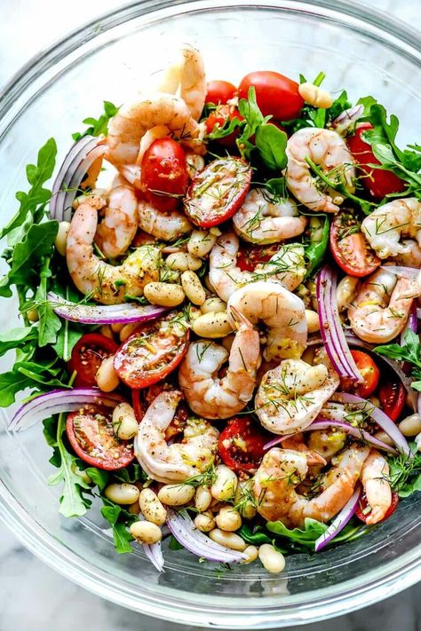 Mediterranean Shrimp Salad With Cannellini Beans - foodiecrush.com Mediterranean Diet Shrimp, Mediterranean Shrimp, Cannellini Beans Recipes, Shrimp Salad Recipe, Salad With Shrimp, Shrimp Salad Recipes, Grape Salad, Mediterranean Salad, Foodie Crush