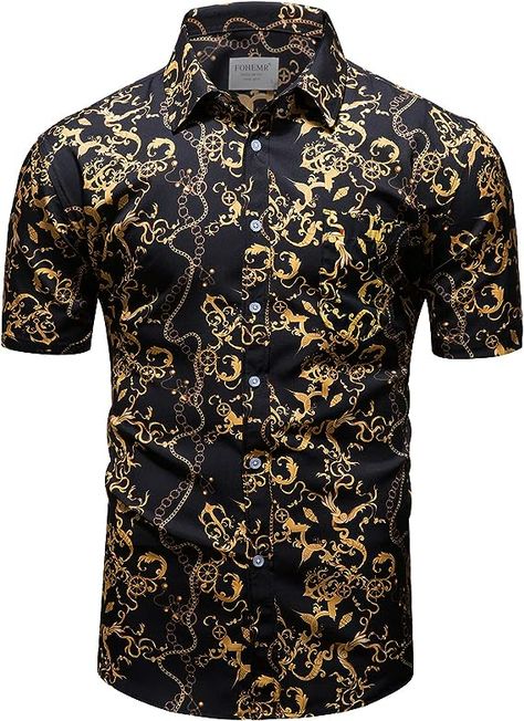 fohemr Mens Black Gold Dress Shirts Luxury Short Sleeve Chain Print Shirt Baroque Casual Button Down Design Buchona Shirts Large at Amazon Men’s Clothing store Gold Dress Shirt, Black Gold Dress, Black And Gold Shirt, Chain Shirt, Rope Pattern, Shiny Jewelry, Gold And Black Dress, Gold Shirt, Allover Pattern