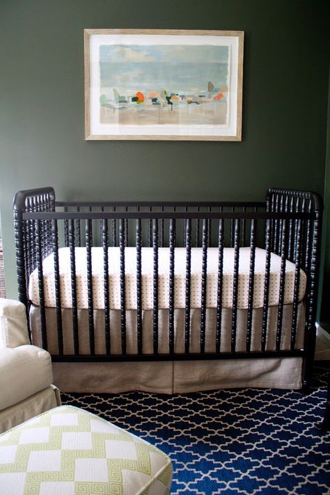 bryn alexandra: The Nursery Diaries: Cole's Finished Room! Navy Jenny Lind Crib, Black Jenny Lind Crib, Navy Crib Nursery, Camp Nursery, Black Crib Nursery, Navy Crib, Benjamin Moore Bedroom, Benjamin Moore Green, Jenny Lind Crib