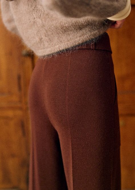 Marius Trousers - Mocha - Merino Wool - Sézane Knitted Trousers, Beachy Chic, 2024 Wishlist, Trousers Jeans, Denim T Shirt, Wool Trousers, Fabric Patch, Straight Leg Trousers, Dress Trousers