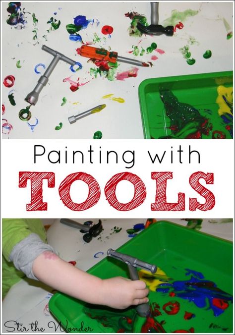 Painting with Tools is a fun process art activity for toddlers and preschoolers to explore colors and prints. Construction Prek Activities, Preschool Tools And Machines Theme, Building Theme Preschool, Tools And Machines Preschool Activities, Building Theme Preschool Activities, Tools And Machines Preschool Theme, Creative Curriculum Building Study, Community Helpers Crafts For Toddlers, Construction Activities Preschool