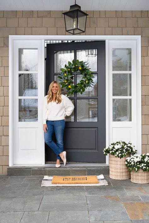 Studio Mcgee Front Porch, Studio Mcgee Front Door, Studio Mcgee Exterior, Do Good Be Good, Cool Doormats, Lemon Wreath, Front Steps, Decorative Basket, Marble Decor