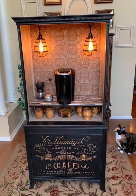 Bookshelf Into Coffee Bar, Coffee Bar Made From Tv Cabinet, Desk To Coffee Bar, Coffee Vibes Aesthetic, Home Coffee Bar Ideas, Cafe At Home, Coffee And Love, Refurbished Desk, Coffee Cabinet