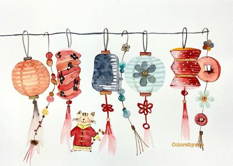 Chinese New Year Painting, Chinese New Year Watercolor, New Year Watercolor, Lantern Drawing, Festival Logo, Japanese Lanterns, Watercolor Projects, World Crafts, Line Art Drawings