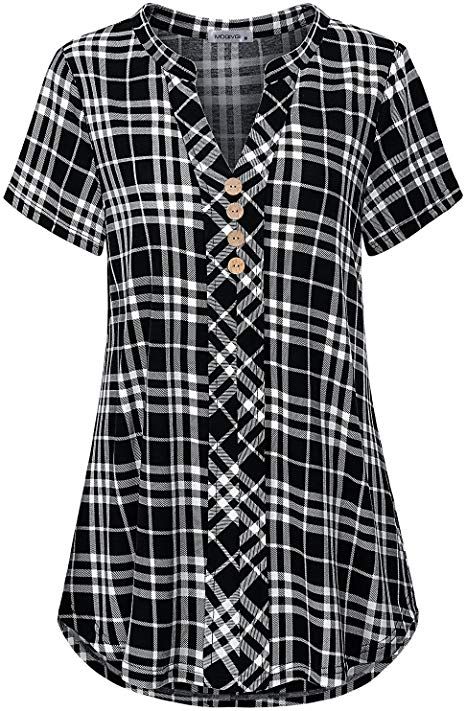 MOQIVGI Womens Notch Neck Short Sleeve Plaid Shirts Checkered Blouse Tops at Amazon Women’s Clothing store Fashion Girl Design, Business Clothes, Summer Pullover, Checkered Blouse, Tops Trendy, Formal Tops, Clothes Black, Plaid Shirts, Fashion Tops Blouse