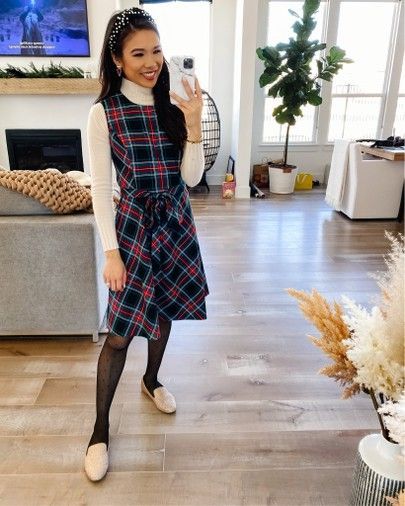 Plaid dress for holiday outfits layered with polka dot tights and a cashmere sweater. Also wearing a Pearl headband and Kendra Scott earrings. Dress is on sale for $88 and wearing size XS! @liketoknow.it #liketkit http://liketk.it/34zKt#LTKstyletip #LTKsalealert #LTKunder100 Polka Dot Tights, Prep Style, Circle Dress, Kendra Scott Earrings, Layering Outfits, Pearl Headband, Plaid Dress, Cashmere Sweater, Holiday Dresses