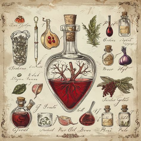 Vintage Alchemy Illustration, Witch Aesthetic Vintage, Medieval Apothecary Aesthetic, Medieval Medicine Aesthetic, Apothecary Drawing, Elixir Aesthetic, Witch Astethic, Science Witch, Alchemy Art Illustrations