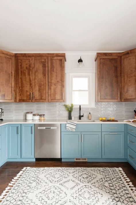 Tour this vibrant and playful kitchen makeover we did. We did a two-tone kitchen cabinets - blue painted lower kitchen cabinets with wood upper cabinets. For the countertops, we went with a timeless gray quartz countertop. See the whole kitchen remodel at haywoodmade.com Painted Lower Kitchen Cabinets, Wood Upper Cabinets, Lower Kitchen Cabinets, Gray Quartz Countertop, Pattern Backsplash, Cabinets Gray, Best Kitchen Colors, Two Tone Kitchen Cabinets, Lower Cabinets