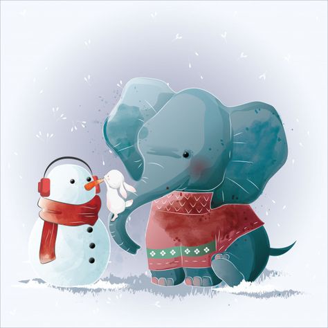 Elephant and bunny building a snowman | Premium Vector #Freepik #vector #background #pattern #watercolor #christmas Good Morning Funny Pictures, Christmas Elephant, Bunny Party, Penguin Love, Christmas Unicorn, Cute Piggies, Little Duck