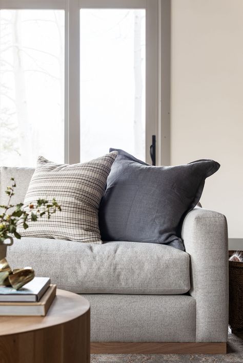 How To Style Pillows on a Sectional - Studio McGee Studio Mcgee Target Couch, Styling A Grey Sectional, Light Grey Sectional Pillow Ideas, Studio Mcgee Grey Sofa, Couch Throw Pillows Ideas, Pillows On Sectional Couch, Sectional Pillow Arrangement, Pillows On A Sectional, Mcgee And Co Living Room