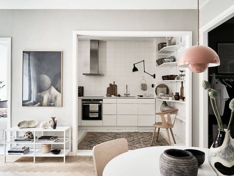 Scandinavian Studio Apartment, Scandinavian Loft, Grey Wall Color, Scandinavian Apartment, Stylish Apartment, Beautiful Home Designs, All White Kitchen, Scandinavian Kitchen, Apartment Style