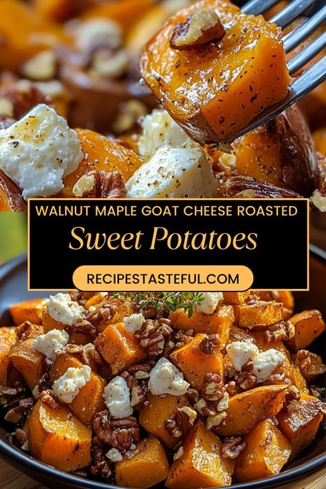 Savor the perfect blend of sweet and savory with these roasted sweet potatoes, topped with a rich walnut-maple mixture and creamy goat cheese. This dish makes a delightful side for any meal or a delicious vegetarian option! Maple Walnut Goat Cheese Roasted Sweet Potatoes, Roasted Sweet Potatoes With Maple Syrup, Sweet Potato Recipes Goat Cheese, Sweet Potato Apricot Casserole, Walnut Maple Roasted Sweet Potatoes, Sweet Potato Thanksgiving Side, Sweet Potato Recipes Main Dish, Roasted Sweet Potatoes With Goat Cheese, Sweet Potato And Walnut Recipes