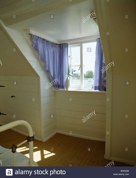 Dormer Bedroom, Dormer Window, Bay Window Curtains, Attic Window, Dormer Windows, Curtain Rails, Bedroom Images, Blue Curtains, Attic Bedroom