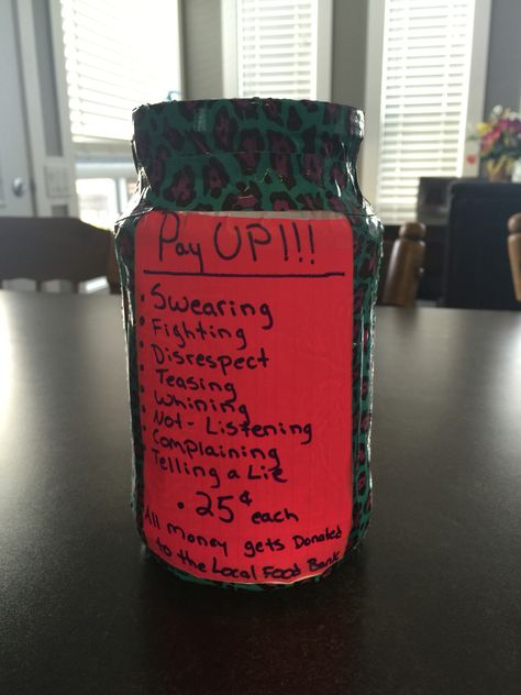 Pay Up! swear jar and other bad behaviours.  It's a win win!! Kids have to try and correct negative behaviour while also donating to the less fortunate!!! Swear Jar Ideas Diy, Swear Jar Ideas, Swear Jar, Child Behavior Chart, Thanksgiving 2023, Kids Help, Kids Schedule, Jar Ideas, Chore Chart Kids