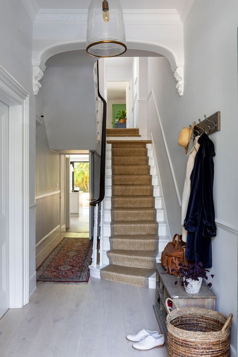 Hallway shoe storage ideas - 9 organizing decor tricks | Livingetc Lights Entrance, Victorian House London, Imperfect Interiors, Transitional Staircase, Hallway Shoe Storage, Sisal Runner, Victorian Hallway, Hall Ideas, Townhouse Interior