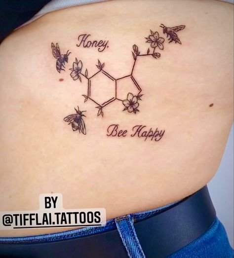 Honey Bee Neck Tattoo, Honeycomb Serotonin Tattoo, Geometric Honey Bee Tattoo, Bee And Honeycomb Tattoo Design, Serotonin Molecule Tattoo Bee, Bee Yourself Tattoo, Seratonin Bee Tattoo, Bee Arm Tattoo, Bee Happy Tattoo