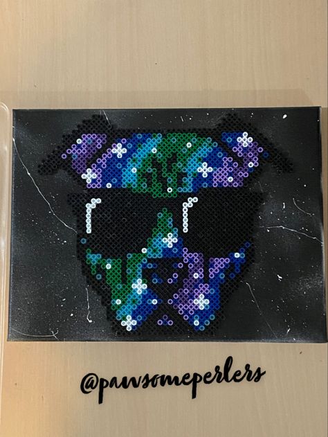 Galaxy colored pitbull on spray painted canvas. Light blue beads glow in the dark. Head design not created by me #pitbull #pitbullperler #pitbullart #pawsomeperlers #perler #perlerbeads Pitbull Perler Bead Patterns, Perler Pattern, Pony Bead Projects, Perler Ideas, Easy Perler Beads Ideas, Perler Art, Hama Beads Design, Diy Perler Bead Crafts, Beads Ideas