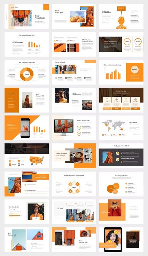 Orange Color Tone Pitch Deck Powerpoint Template. 50 unique and editable presentation slides design. Orange Presentation, Ppt Ideas, Orange Web, Startup Presentation, Ppt Template Design, Deck Layout, Presentation Slides Design, Presentation Deck, Presentation Design Layout