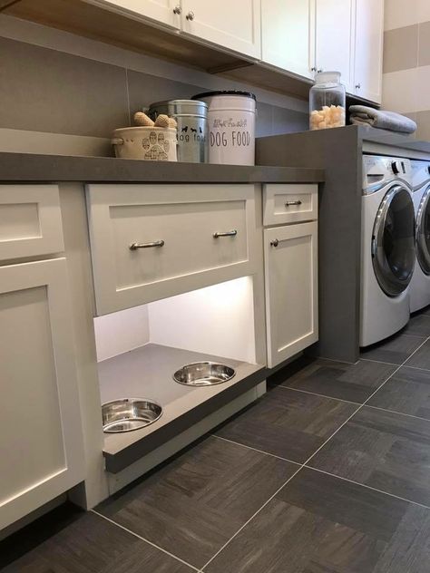 Built In Pet Water Station, Built In Dog Bowls Laundry Room, Basement Remodel Ceiling, Whiskey Punch, Dog Cabinet, Dog Food Station, Dog Feeding Station, Small Laundry Room Organization, Dog Washing Station