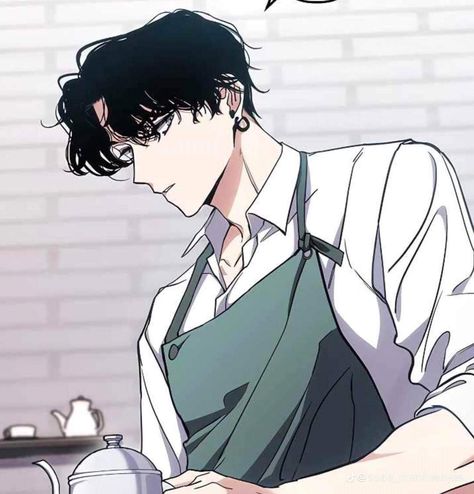 Office Anime Guy, Anime Chef Guy, Webtoon Male Character, Bartender Anime, Anime Chef, Black Hair Anime Guy, Animated Drawings, The Sauce, Manga Boy