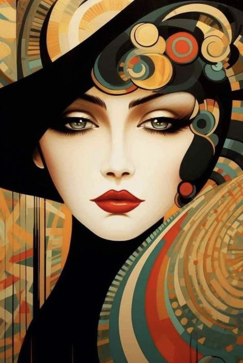 Art Deco Portrait, Art Deco Women, Art Deco Artwork, Art Deco Paintings, Art Deco Lady, Soyut Sanat Tabloları, Female Art Painting, Art Deco Posters, Pop Art Painting