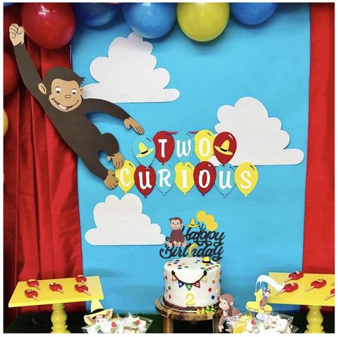 Curious George Birthday Decorations, Curious George Theme Party, 2 Curious Birthday, Curious George Balloon Arch, Curious George Decorations, Curious George Birthday Party Ideas, Curious George Invitations, George Birthday Party, Curious George Birthday Party