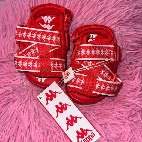 Red Brand New Kappa Slides. Baby Shoes Size 4c Kappa Slides, Kappa Shoes, Baby Footwear, Bloxburg Outfits, Pretty Sneakers, Jordan Shoes Girls, Baby Shoe Sizes, Baby Brother