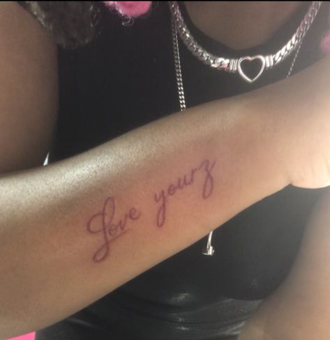 Love Yourz J Cole Tattoo Collar Bone, Tattoo Gang, Love Yourz J Cole Tattoo, Love Yourz J Cole, J Cole Tattoo, Cursive Tattoos, Hand Tattoos For Girls, Women Tattoos, Elements Tattoo