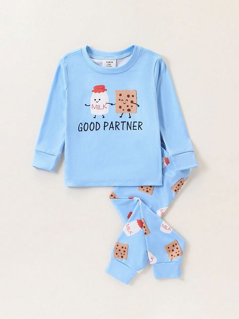 2pcs Baby Boy Snug Fit Cartoon Milk Biscuit Pattern Long Sleeve Top And Pants Cozy Soft Knit Pajama Sets Baby Blue     Animal,Cartoon,Letter Baby Pajama Set High Stretch  Baby Boys Clothing, size features are:Bust: ,Length: ,Sleeve Length: Pajamas For Boys, Boy Pajamas, Baby Boy Pajamas, Animal Cartoon, Boys Pajamas, Elegant Dresses Long, Loungewear Set, Boys Casual, Pajama Sets