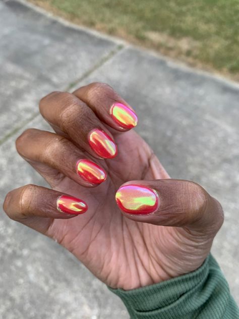 Chrome Over Red Nails, Multicolored Chrome Nails, Cajun Shrimp Nails With Chrome, Cool Trendy Nails, Pink Orange Chrome Nails, Chrome Vacation Nails, Red Beach Nails, Sunset Chrome Nails, Neon Pink Chrome Nails