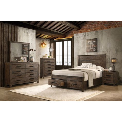 Embrace the modern farmhouse vibe of this five-piece bedroom set in rustic matte golden brown finish. 5 Piece Bedroom Set, Platform Bedroom Sets, King Storage Bed, Regal Design, King Bedroom Sets, Rustic Bedding, California King Bedding, Bedroom Sets Queen, Small Blankets