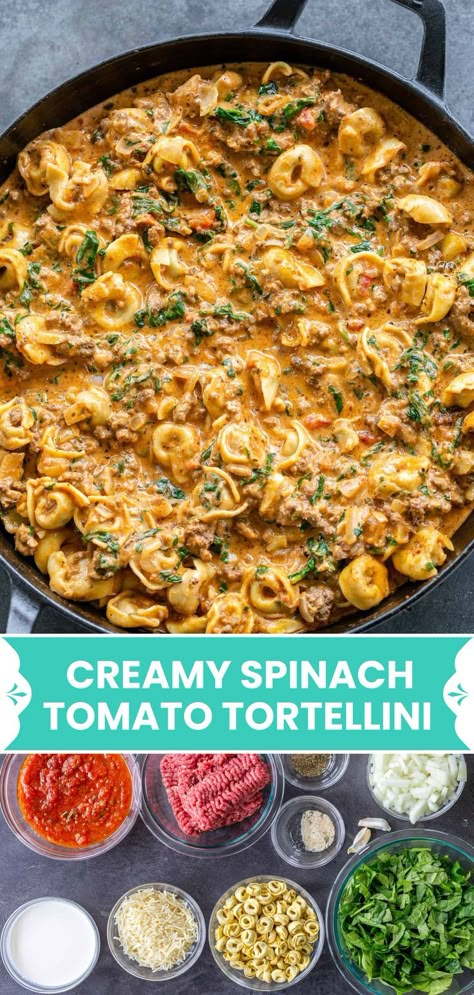 Creamy Spinach Tomato Tortellini, Spinach Tomato Tortellini, Ground Beef And Spinach, Easy Weeknight Pasta, Cheese Tortellini Recipes, Tomato Tortellini, Creamy Tortellini, Weeknight Pasta, Asian Steak